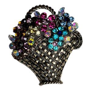 Gold Tone Flower Basket Brooch Aura Borealis Multi-Colored Rhinestones Pin Jewel